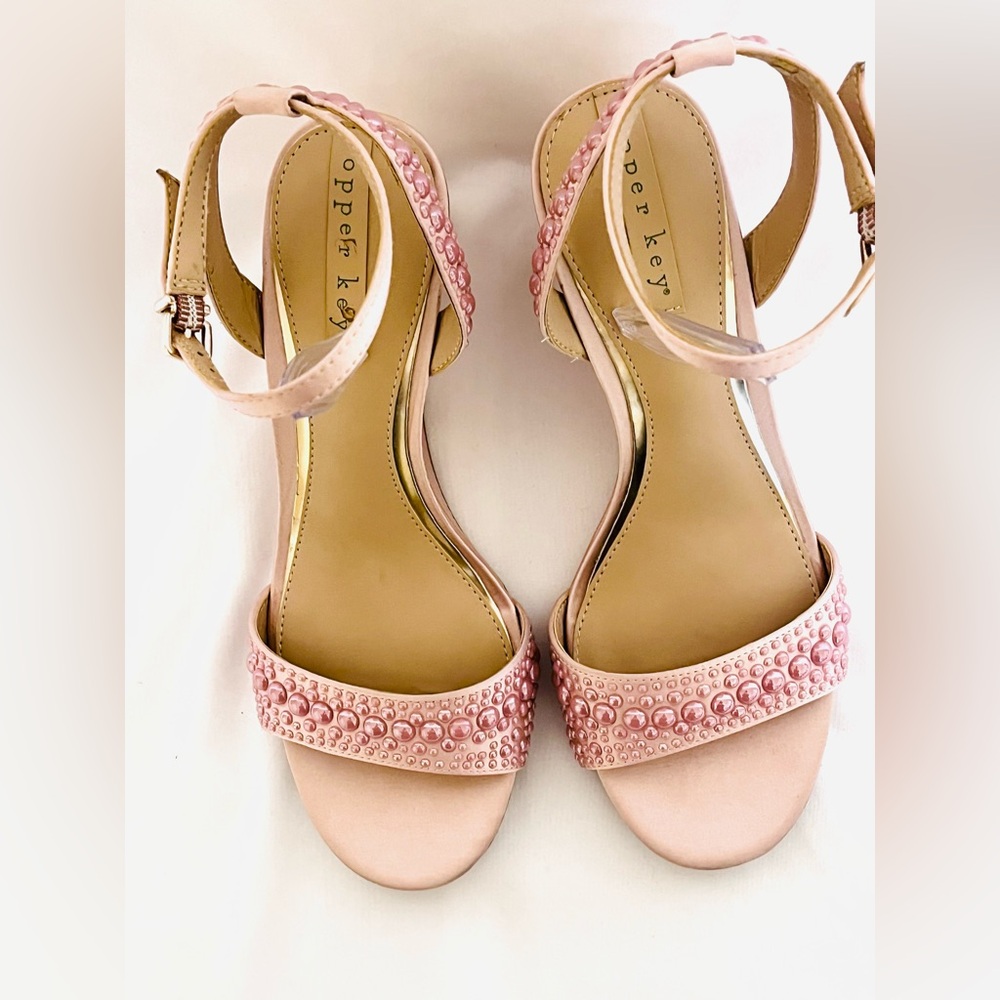 Copper Key Pink Faux Pearl Embellished Ankle Strap Coquette Wedge Sandals Size 8 - Picture 5 of 10